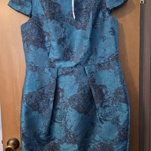 CARMEN MARC VALVO Teal Floral Jacquard Midi Dress Size 18